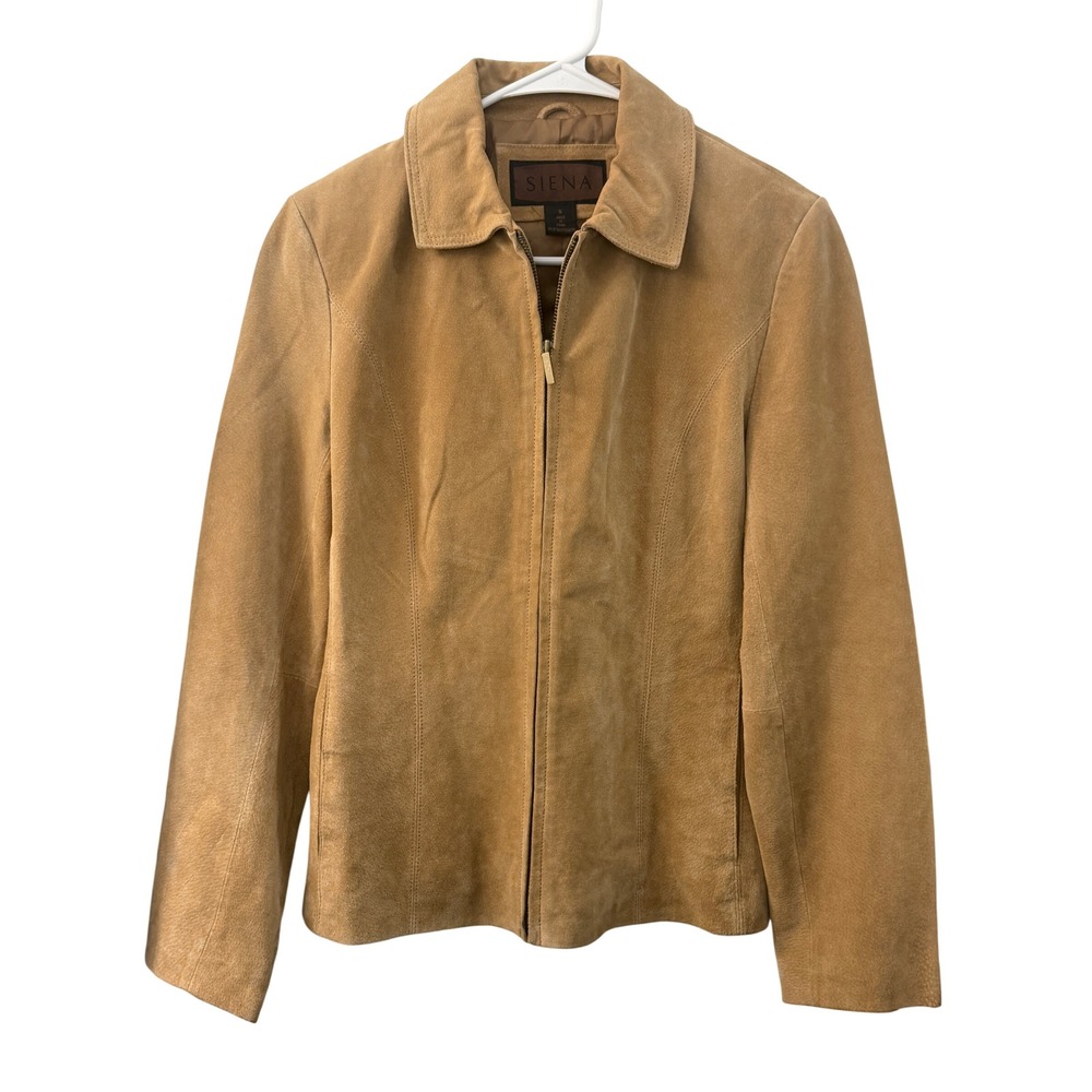Siena Vintage Y2K Tan 100% Leather Suede Zip Up Collared Jacket Size S Retro
